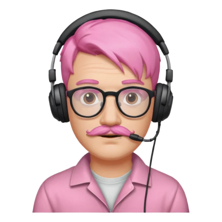 headphone and spectacles, mustached pink hair man, no mic sticker