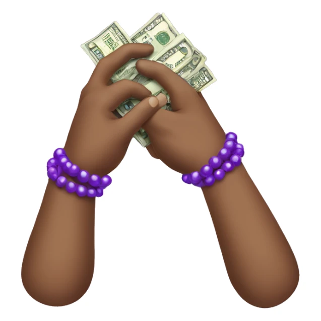 hand with purple bead bracelet holding money sticker