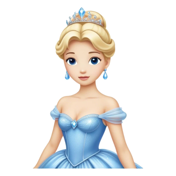 Cinematic Realistic Cinderella Portrait, showcasing her regal elegance in a full ball gown rendered with exquisite detail. Her fair, luminous skin and lustrous blonde hair are highlighted by subtle, shimmering accents and gentle natural light, evoking a magical, transformative aura. sticker