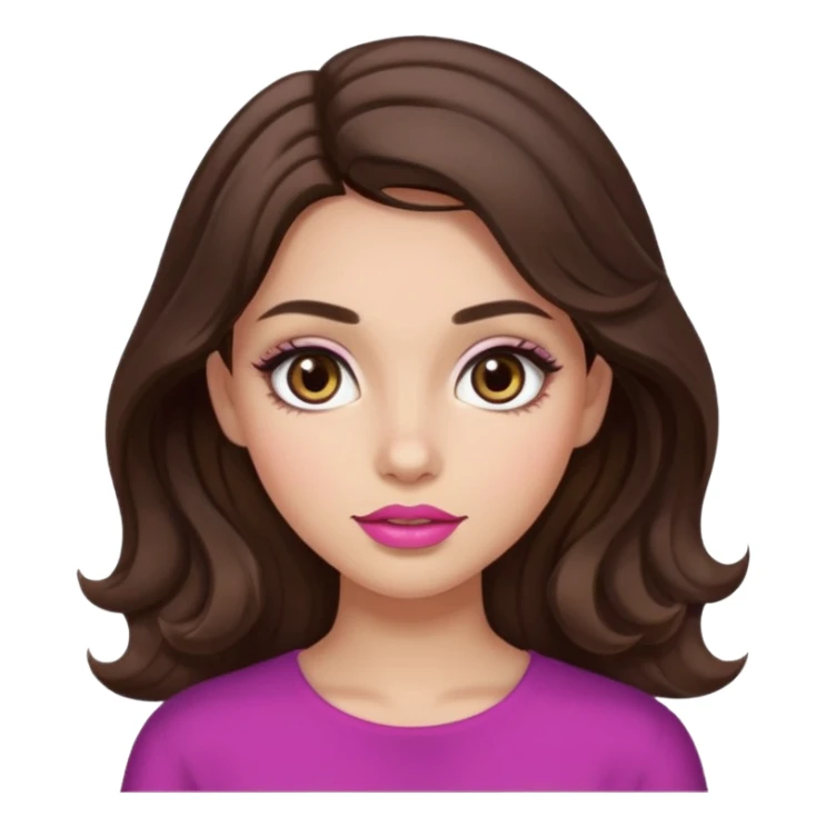 girl with wavy long dark brown hair, brown eyes, light to medium complexion, long lashes, almond shaped eyes, link lipstick sticker