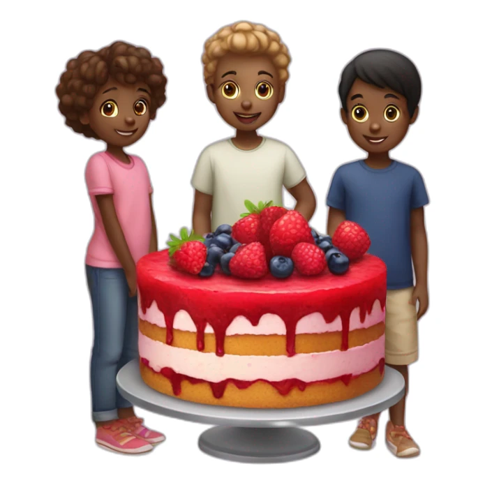 Three black children who eat a trawberry, raspberry and blueberry cake sticker