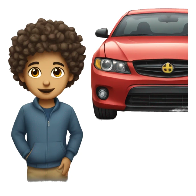 Hispanic kid with curly hair next to a car sticker