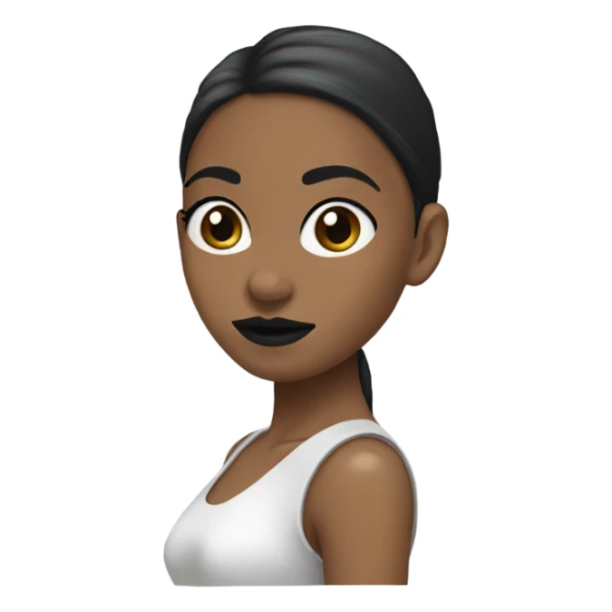 A side view of a girl with a oval long head is that completely white with big black lips with big eyes with short hair with long pony tail with black cheeck sticker