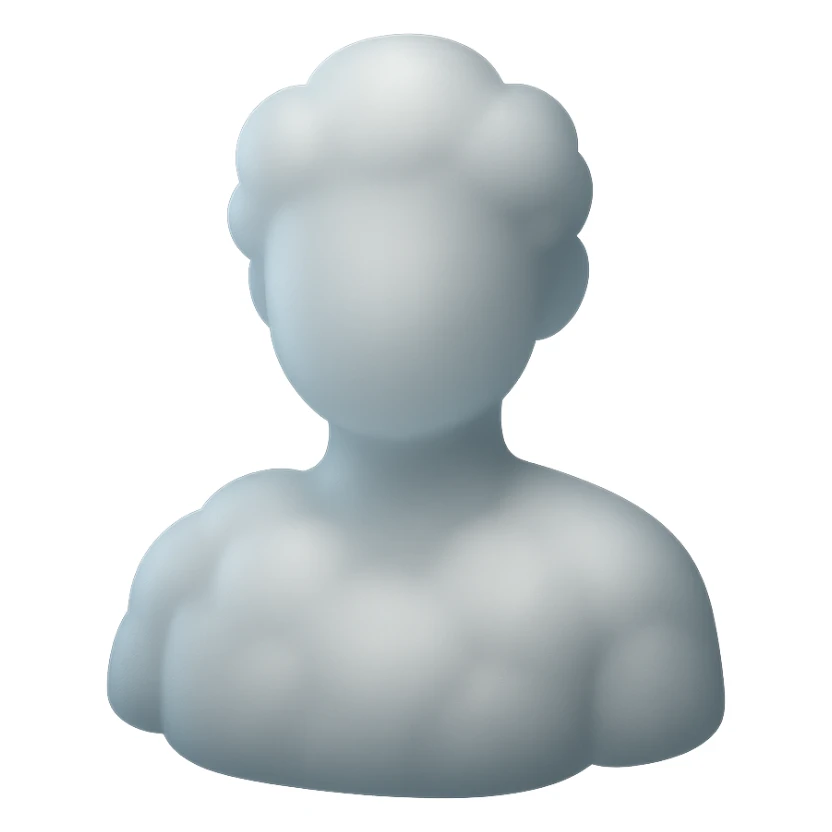 shoulders up, person made of white fluffy clouds, front view, matte glass style sticker