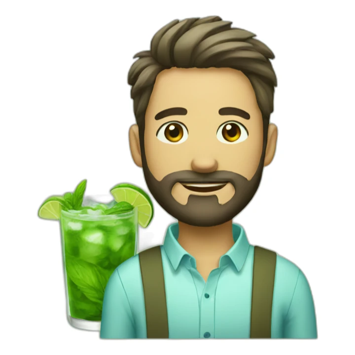 short hair man with beard and with mojito sticker