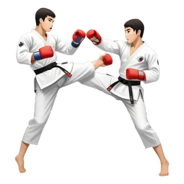 Two taekwondo fighters in traditional white doboks with black belts compete in a dynamic match. One delivers a high kick, while the other blocks using their knee. The background features a professional arena with bright lights and spectators. Transparent background. sticker