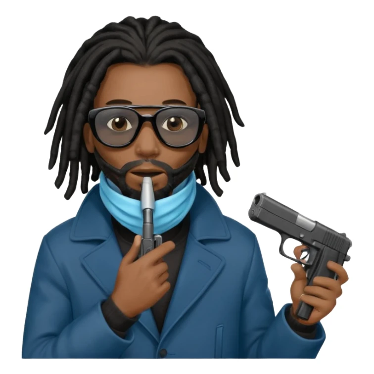 African American man with shoulder length black dreadlocks  wearing black sunglasses wearing a black winter coat wearing a blue hospital mask covering mouth and nose  holding a Glock gun in hand sticker