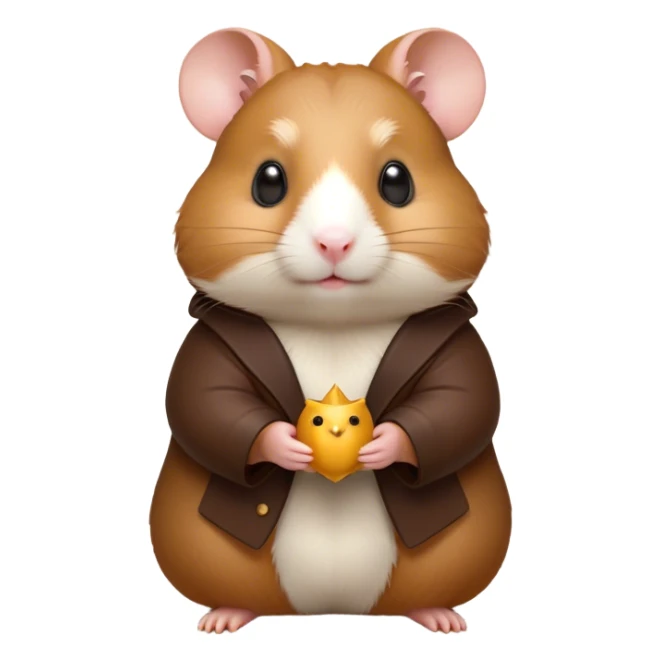 Cinematic Noble Brown Hamster Portrait Emoji, Poised and regal, with a tiny, compact build and a smooth, well-kept rich brown coat, deep-set soulful dark eyes, Simplified yet sharp and sophisticated features, highly detailed, glowing with a soft, dignified glow, high shine, intelligent and energetic, stylized with an air of miniature majesty, focused and attentive, soft glowing outline, capturing the essence of a watchful and confident rodent, so majestic it feels as though it could scurry out of the screen with effortless authority! sticker