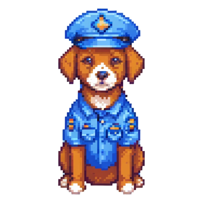 pixel art style dog in a blue police cap sticker