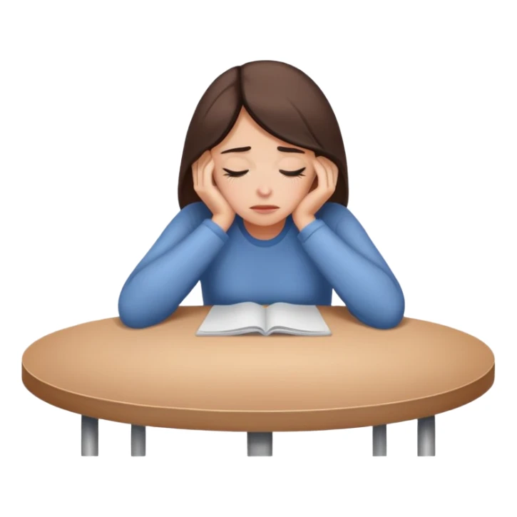 woman exhausted sit at a table with the head resting on the table sticker