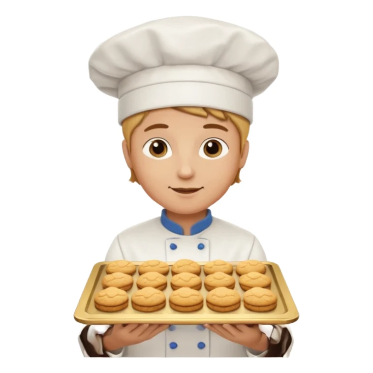 a baker holding a tray of cookies with a chef hat sticker
