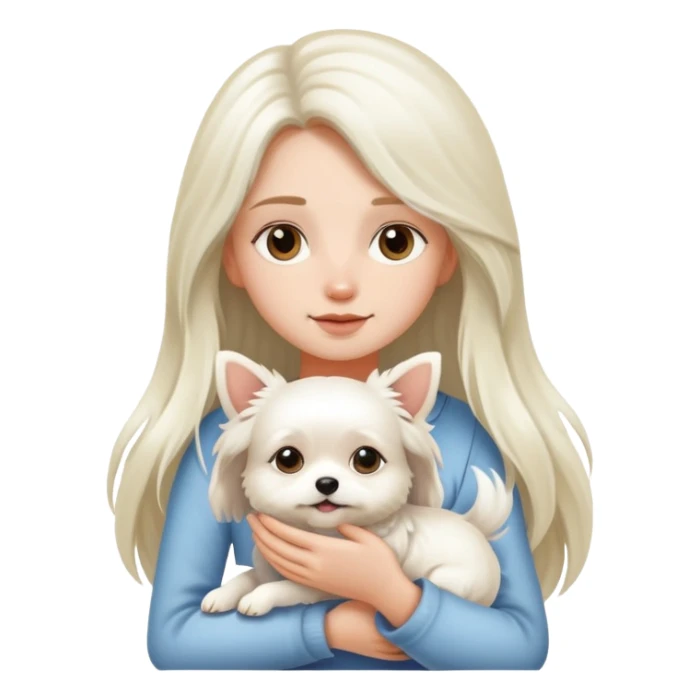 A long-haired girl holding a little white dog sticker