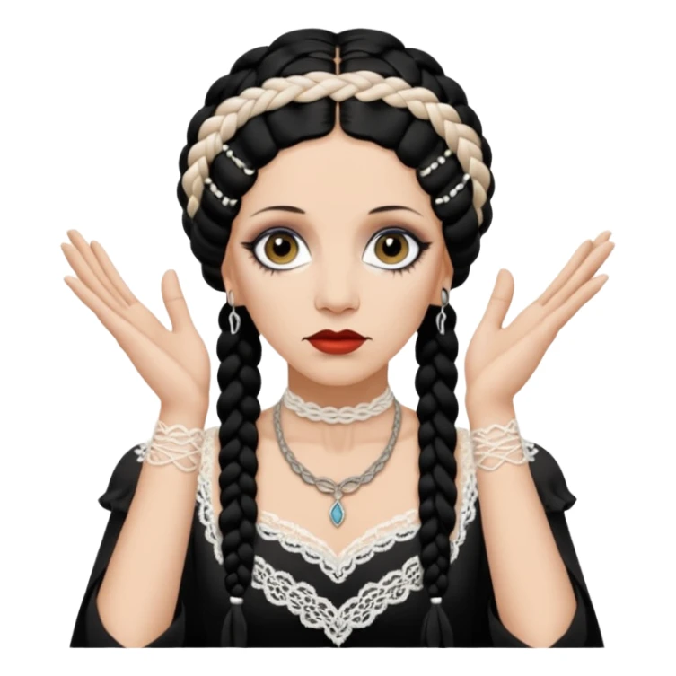 Lene Lovich as seen on the Stateless album cover with a typical symmetrical pose with her hands, lots of lace and braided hair sticker