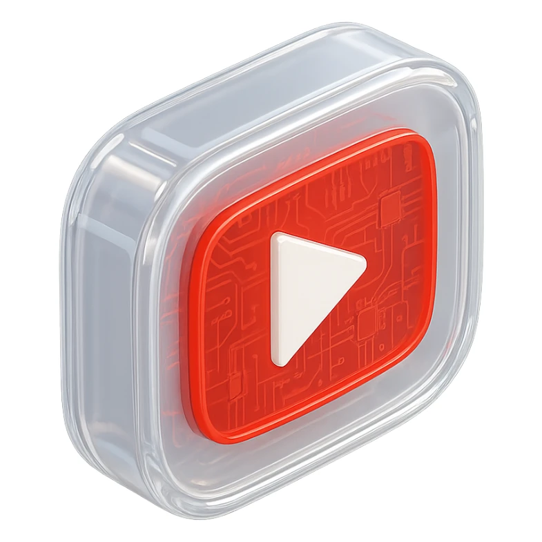 YouTube play button, white, centered, red background, with circuit traces visible, glossy circuit style sticker