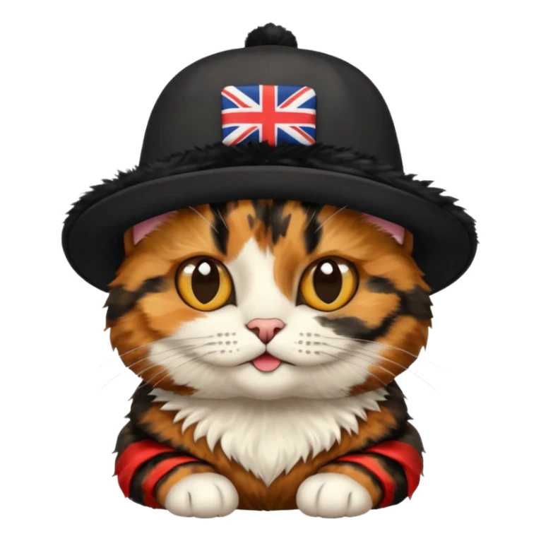 tortoiseshell cat with a british hat. mostly black and brown. NO WHITE sticker