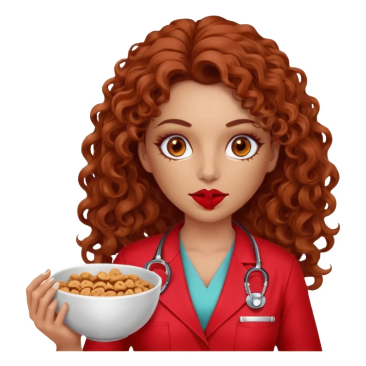 Sensual Spanish Lilith core evil surgeon.red outfit.  Surgeon has hazel eyes. Her hair is BROWN. Hair is also  long and  curly. wearing a sexy surgeon outfit with platform heels.she is a calculated smart cereal killer. She covers only her mouth and nose to hide identity  sticker
