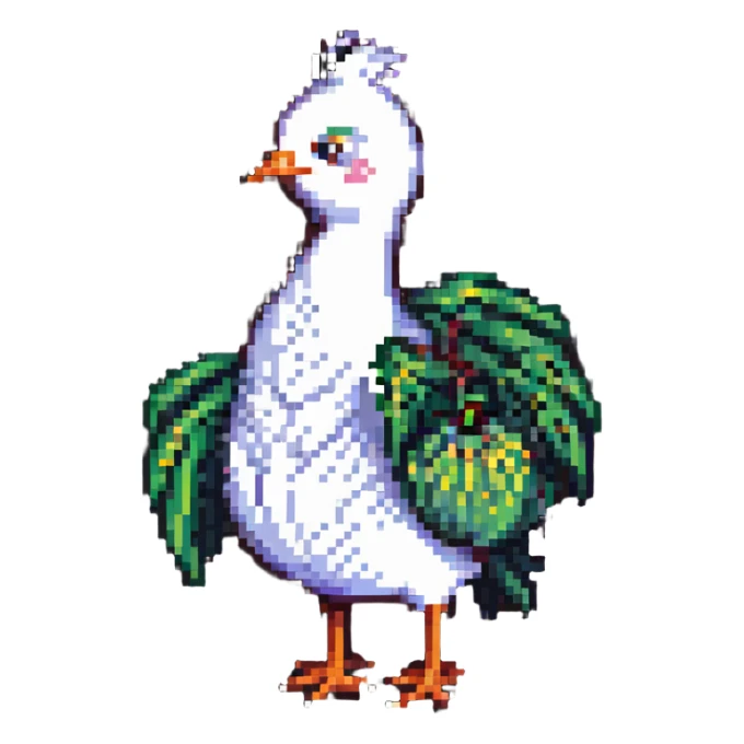 bird with a garlic-shaped body, pixel art style sticker