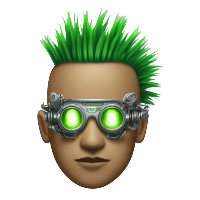Green Mohawk hair male cyborg head with white steampunk goggles and circuits sticker