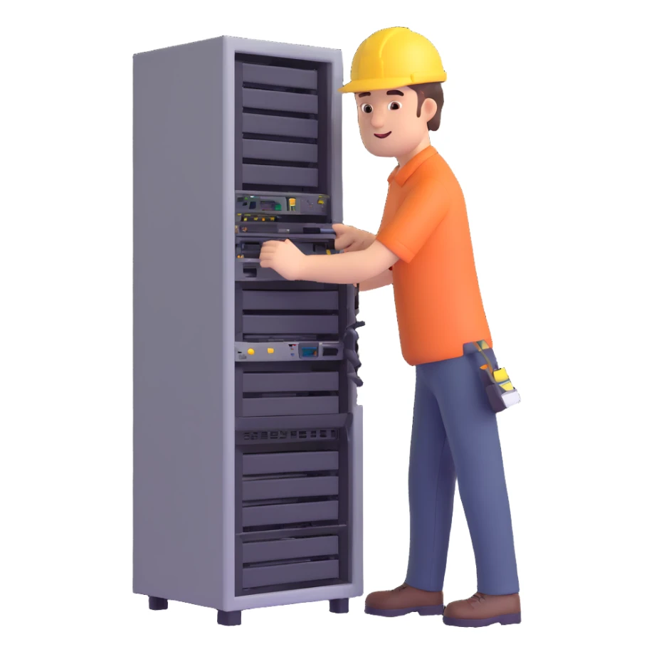 An man fixing company servers sticker