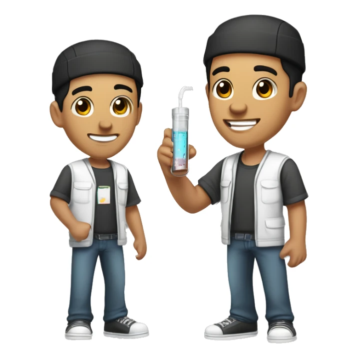 "Light-skinned Latino male with short black hair, wearing a backward cap front to back. Brown eyes, slightly thick lower lip, smiling. Holding a test tube in one hand and a video game controller in the other. Cartoon style sticker