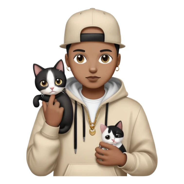 rapper with stylish clothes holding a cute black and white cat sticker