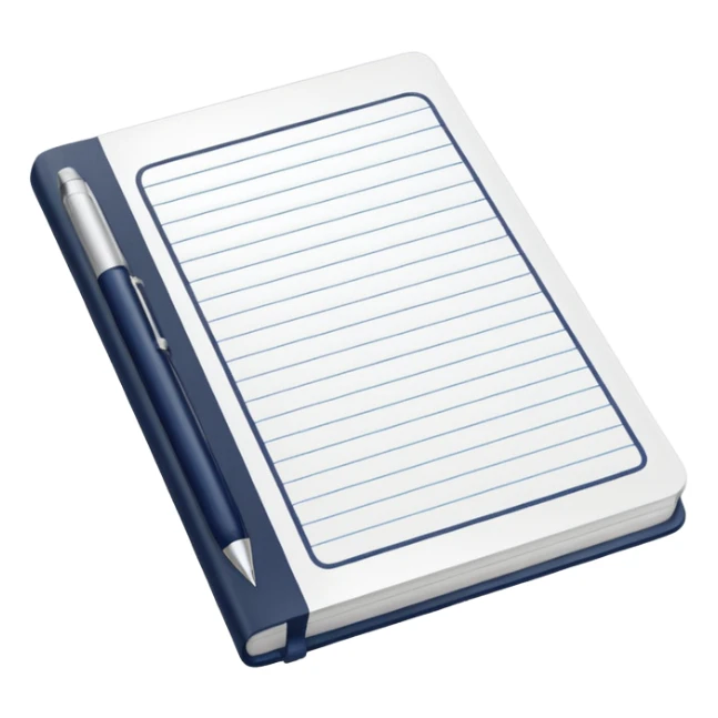 Front-facing notebook icon with a pen on the right side, minimal line-art, clean modern style, perfectly straight angle (no tilt), simple outlines, slightly 3D, no background, transparent, “documenting / journaling / tracking progress sticker