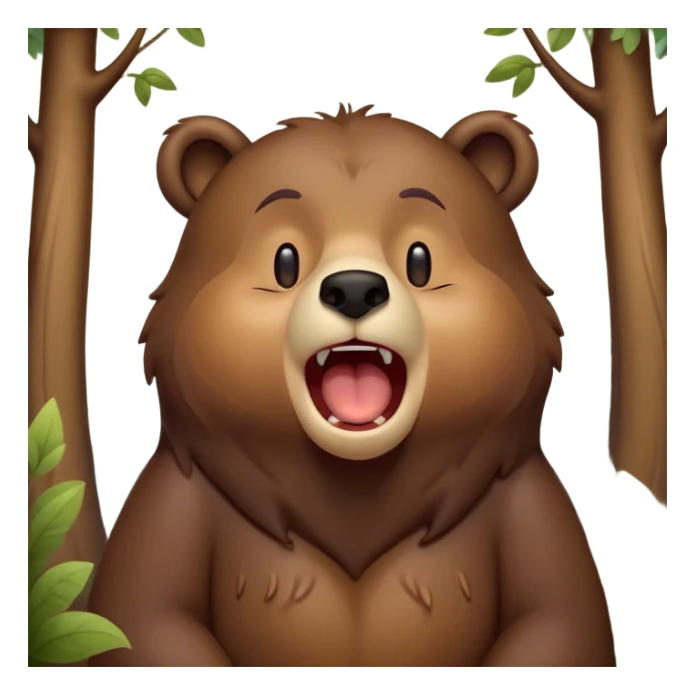 Cinematic Cute Yawning Bear Portrait Emoji, Head tilted slightly with a dramatic, wide-open yawn, showcasing a soft, plush dark brown fur with drooping ears, round eyes barely open in drowsy contentment, Simplified yet irresistibly adorable features, highly detailed, glowing with a soft, cozy glow, high shine, relaxed yet expressive, stylized with a touch of woodland charm, bright and endearing, soft glowing outline, capturing the essence of a sleepy yet affectionate bear, so drowsy it feels like it could lumber out of the screen and curl up for a nap! sticker