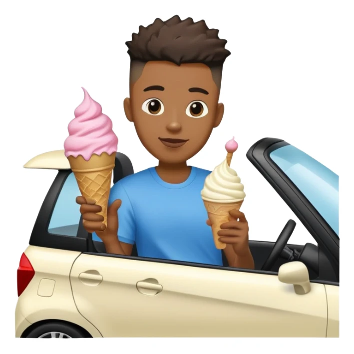 Black man holding ice cream while driving a Honda fit with a high top fade sticker