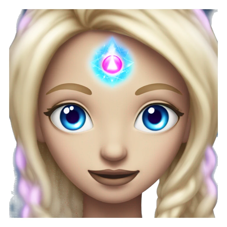 magical diva with thin pink andromedan face long blonde hair and blue eyes glowing third eye sticker