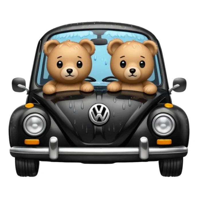 Two teddy bears in black Volkswagen in the rain sticker