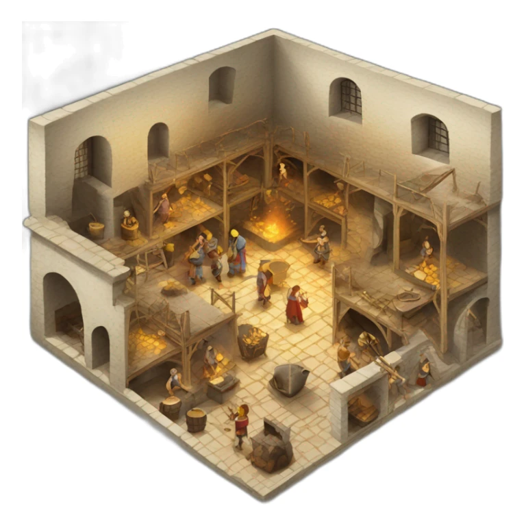 open floor plan of a medieval mint showing different people working, part of it is a furnace, part of it are people making gold coins sticker