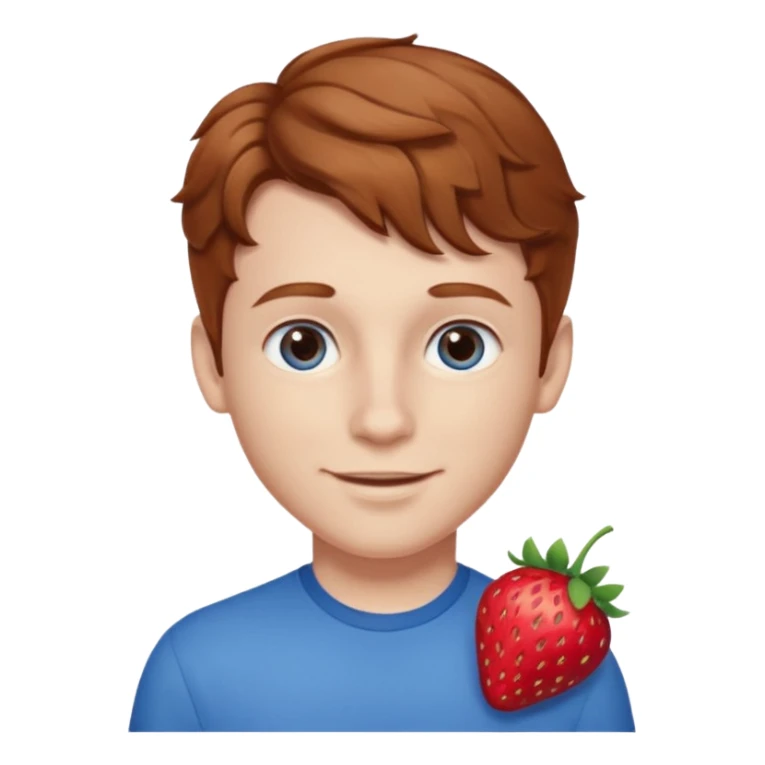 Please generate a portrait of a boy. He has light brown to reddish-brown wavy hair, a right side parting, longer sideburns, blue eyes, a snub nose, and a somewhat pronounced, strawberry-red pout. He is smiling. sticker