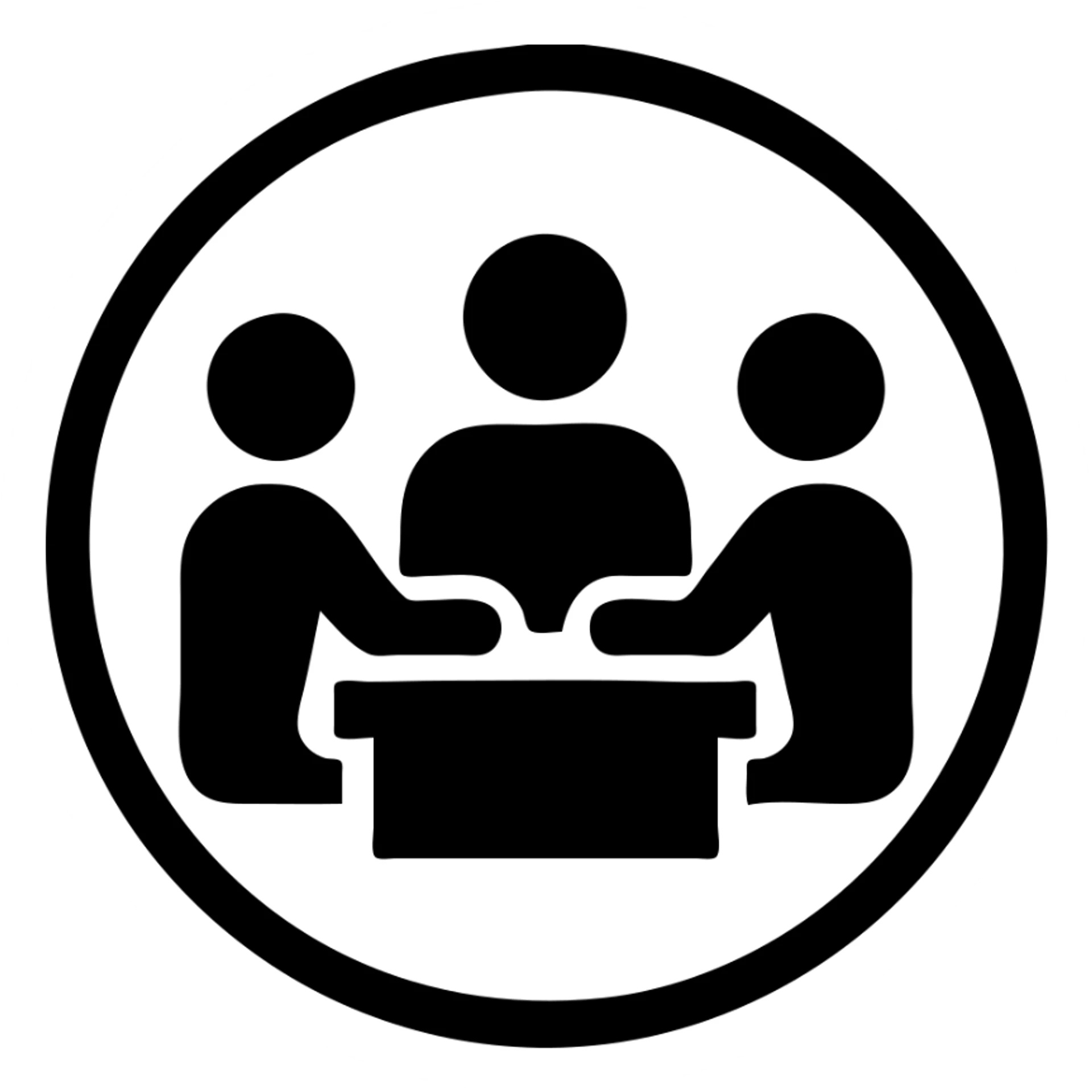 Minimalist black filled icon for Dedicated In House Operational Teams. A team or group working together symbol inside a circle, filled with black, matching the same color code and format as the reference images. sticker