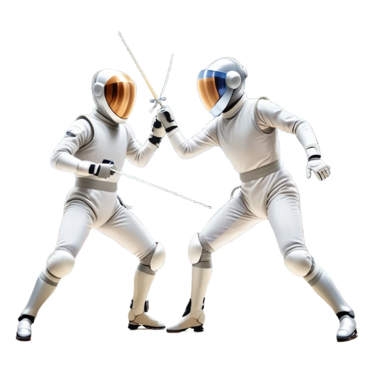 Two fencers in full protective gear duel on a professional piste. The background features a dynamic blur, symbolizing speed and precision. The scene is illuminated by bright arena lights, emphasizing the intensity of the match. Transparent background. sticker