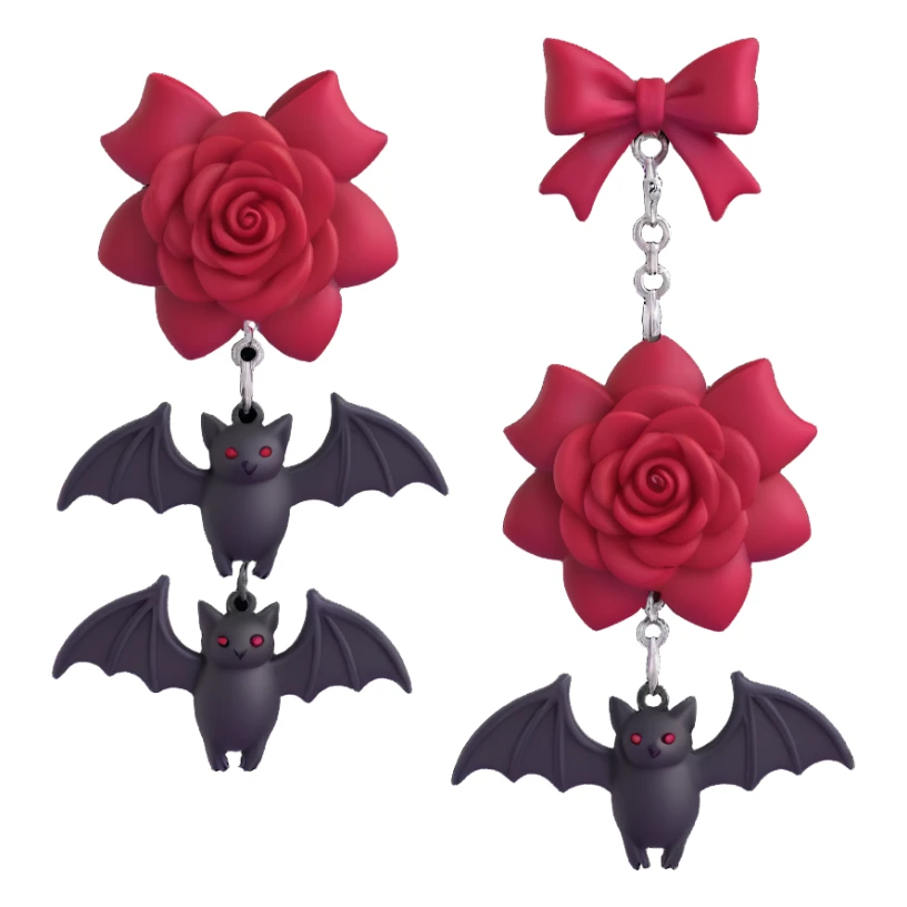 gothic earrings with crimson velvet bows, silver bat charms, deep red rose accents, dramatic and gothic sticker