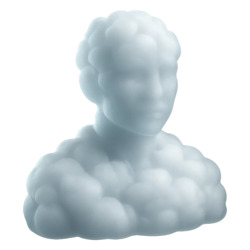 person looking straight, shoulders up, fully made of white fluffy convex clouds, matte glass style, airy and realistic clouds, no background sticker