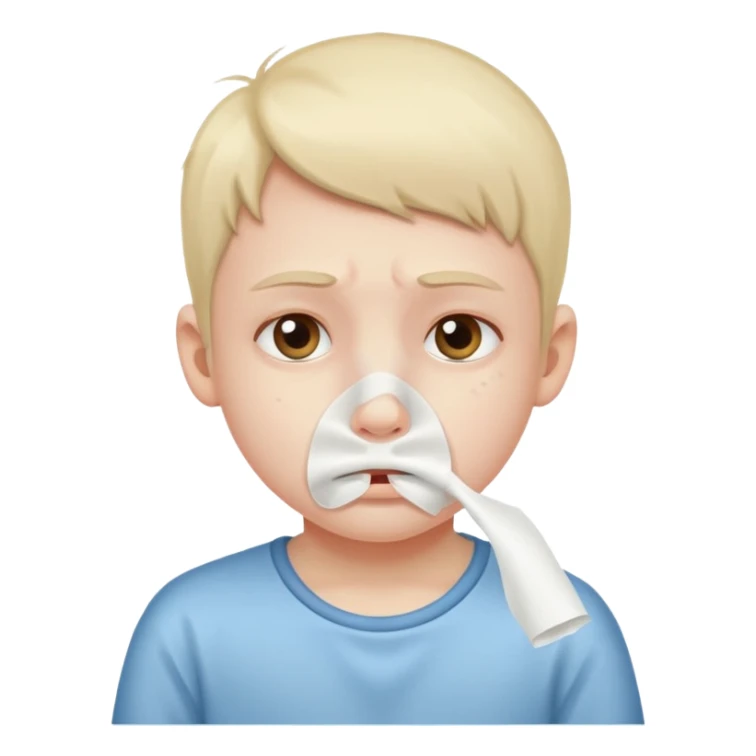 sick kid with tissue on nose and fever sticker