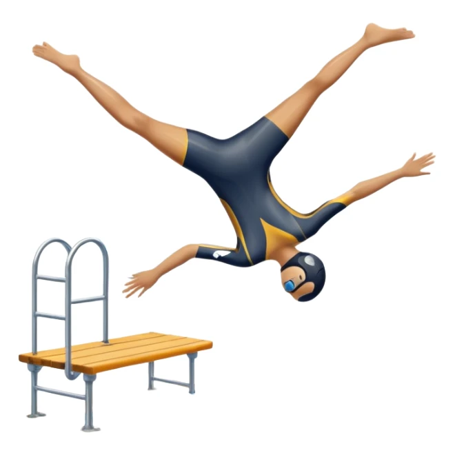 An icon showing a diver captured mid-air in a graceful pose above a pool, with a diving board behind and water below. Splash trails and motion lines emphasize precision and elegance. Transparent background highlights the beauty and focus of competitive diving. sticker