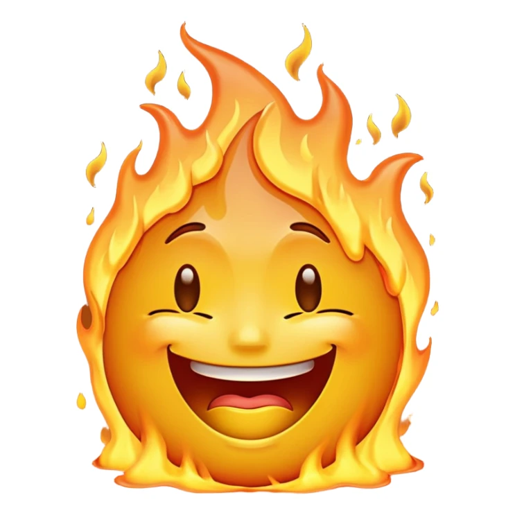 A high-resolution, surreal emoji face with a transparent background. The emoji is simultaneously grinning, crying, and melting while on fire.  sticker