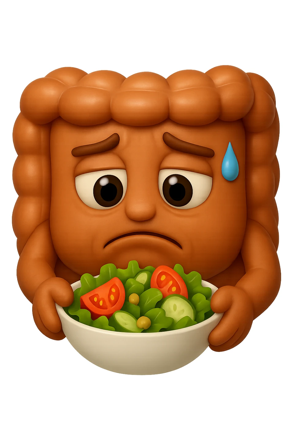 EMOJI STILE IPHONE DI UN INTESTINO UMANO ANATOMICO CHE GUARDA UN INSALATA CON ESPRESSIONE TRISTE E RASSEGNATA IN VOLTO: SOFFRE LA FAME PERCHé è A DIETA, FAGLI ANCHE LA PARTE BIANCA DEGLI OCCHI, NON SOLO LE PUPILLE, IPERREALISTICO 4K sticker