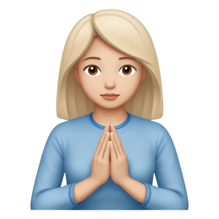 Two hands in prayer pose, only woman's hands, muted blue outline, beige fill, soft glow, apple emoji style, PNG, transparent background sticker
