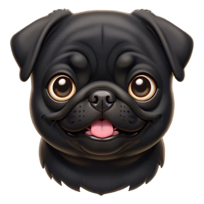 Cinematic Comical Black Pug Portrait Emoji, Head tilted dramatically with an exaggeratedly amused expression, featuring a sleek black coat with a glossy finish, wide, expressive dark eyes filled with playful disbelief, Simplified yet hilariously expressive features, highly detailed, glowing with a slightly sassy glow, high shine, dramatic yet playful, stylized with an air of cheeky mischief, bright and endearing, soft glowing outline, capturing the essence of a spirited and over-the-top companion, so meme-worthy it feels like it could side-eye its way into internet fame instantly! sticker