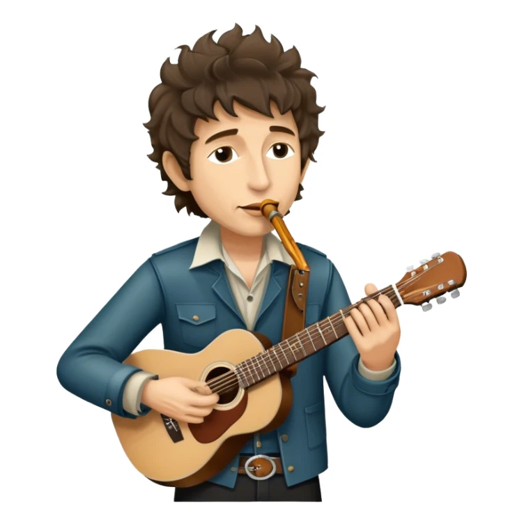 Icon for Folk Music: Bob Dylan with his harmonica and acoustic guitar, performing with his band on stage. The atmosphere should be intimate and nostalgic, capturing the soul of folk music with simple instruments and natural vibes. Transparent background. sticker