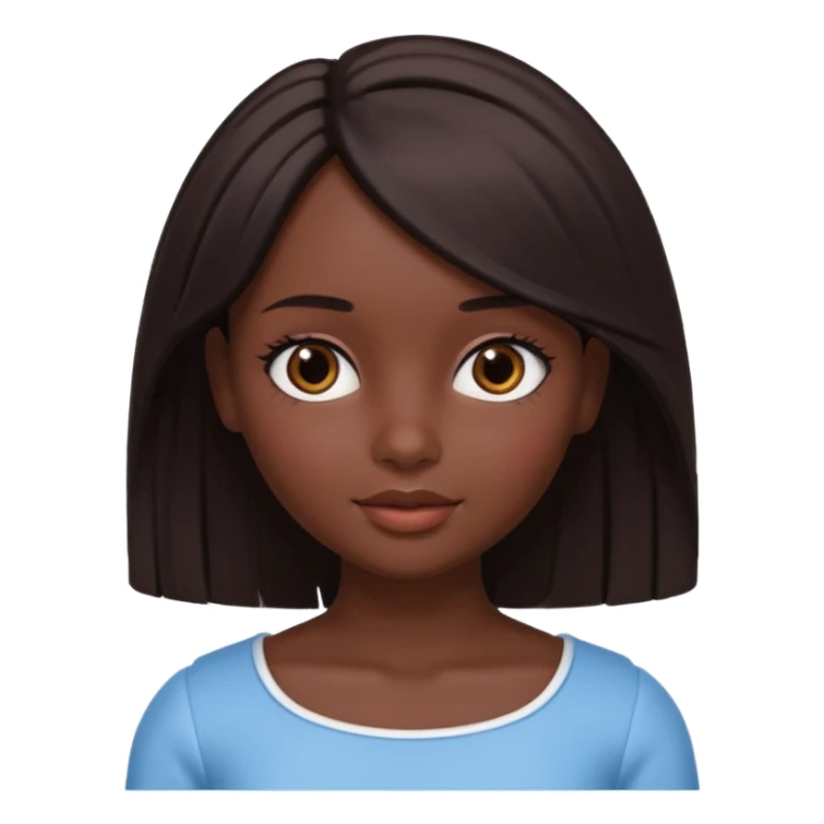 Boneca digital em estilo 3D realista e fofo, semelhante a uma boneca colecionável. Mulher jovem com pele negra, olhos castanhos escuros, cabelo liso cor chocolate, longo e bem alinhado.  sticker