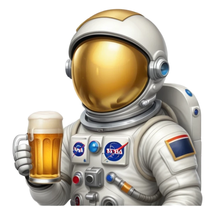 a full astronaut space suit with a pint of delicious beer inside it instead of a human, the glass of beer visible through the helmet sticker