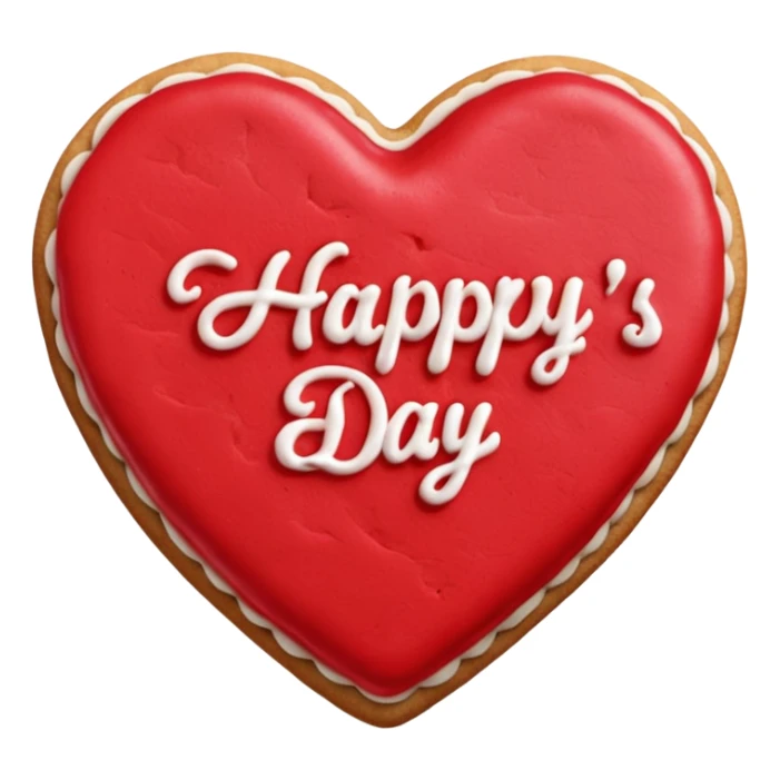 Heart-shaped cookie with red icing emoji, write 'Happy Valentine's day' on top of the red icing in white icing sticker
