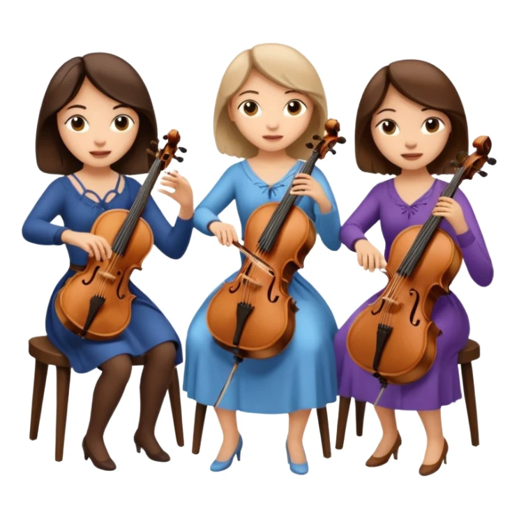 Create an imagine of three brunette women playing string instruments, the first is playing a cello, the second is playing a viola and the third is playing the violin sticker