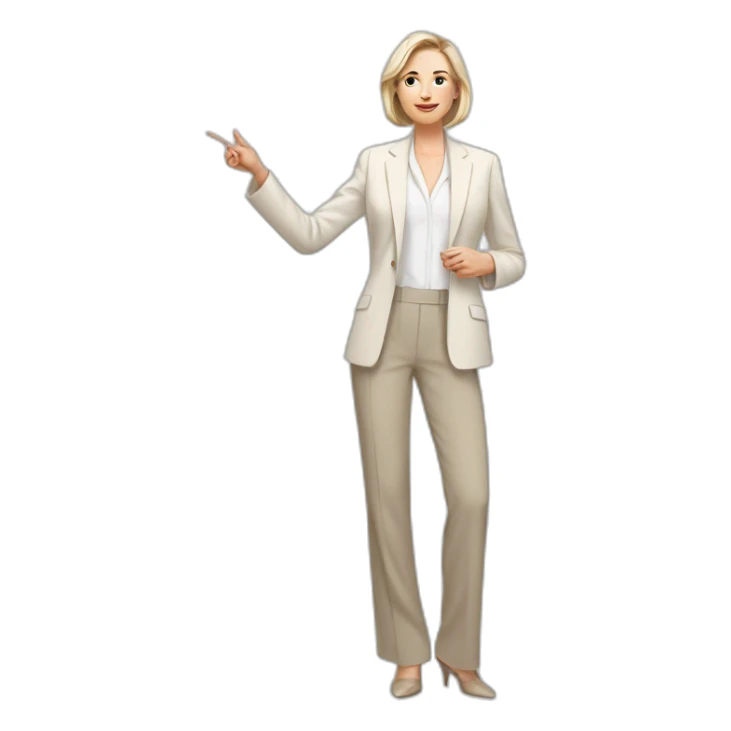 Full height Actively gesturing with hands pale skin woman with ash blonde Straightened bob Hair, White Spacious classical jacket, beige palazzo Arrow pants and gray blouse sticker