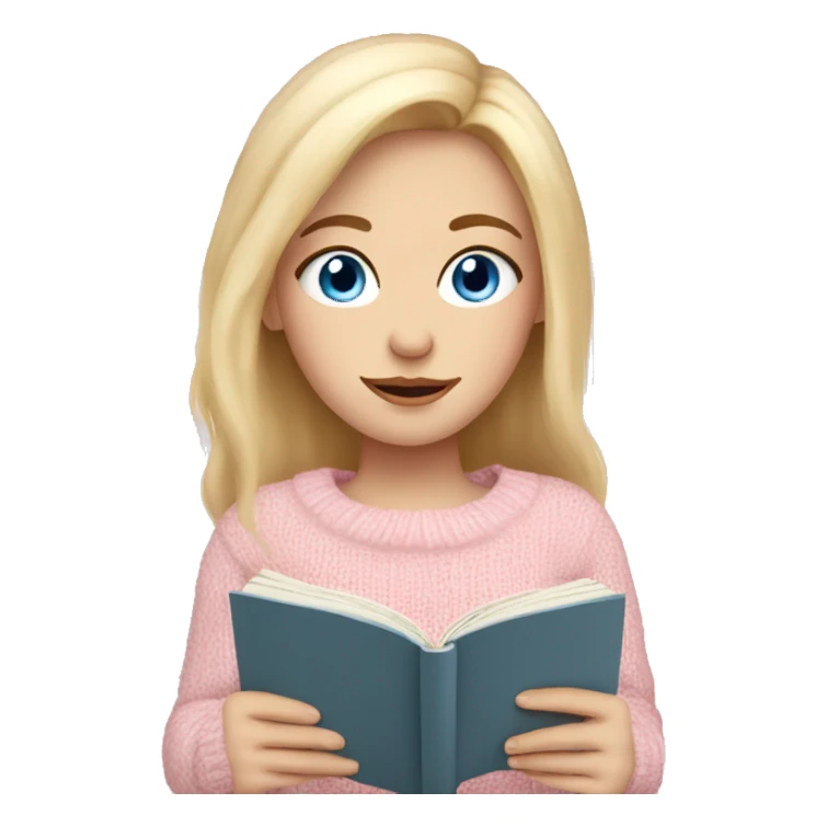 Pretty blue eyed white girl with light pink sweater reading cozy sticker