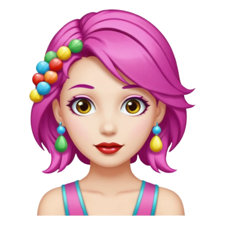 colorful hair woman with candy accessories, not holting a candy sticker